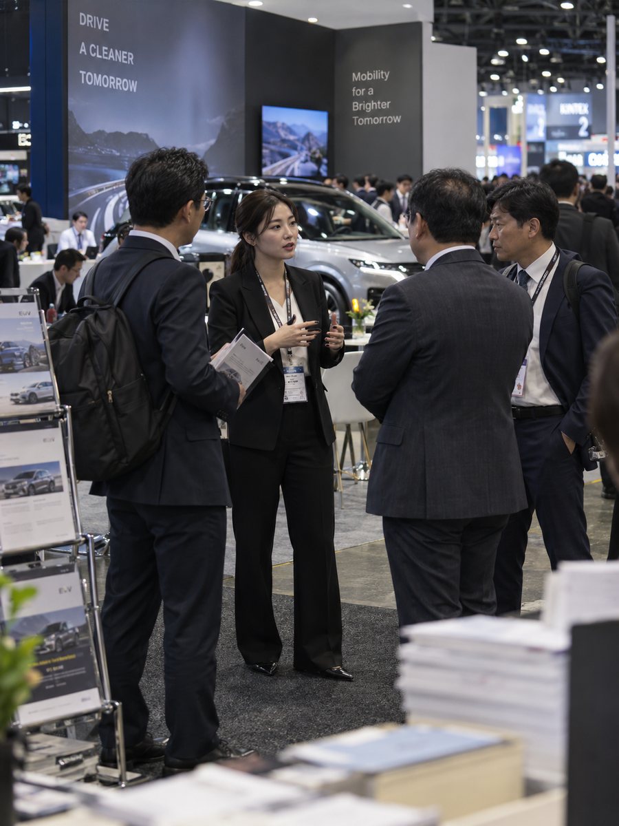 A Vegas Business Resources model speaking with attendees at a convention booth